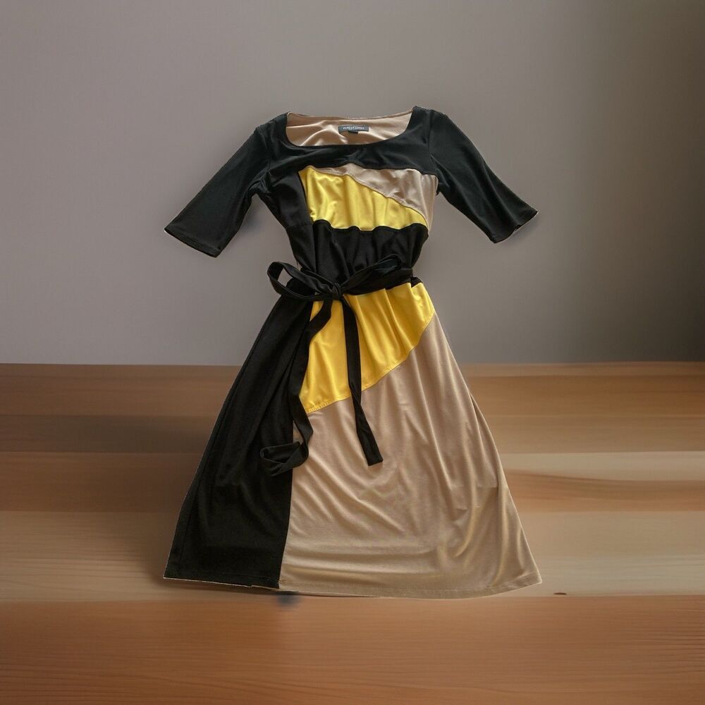 Perceptions Dress XS Black Tan Yellow Tie Lined Excellent Condition Stretch